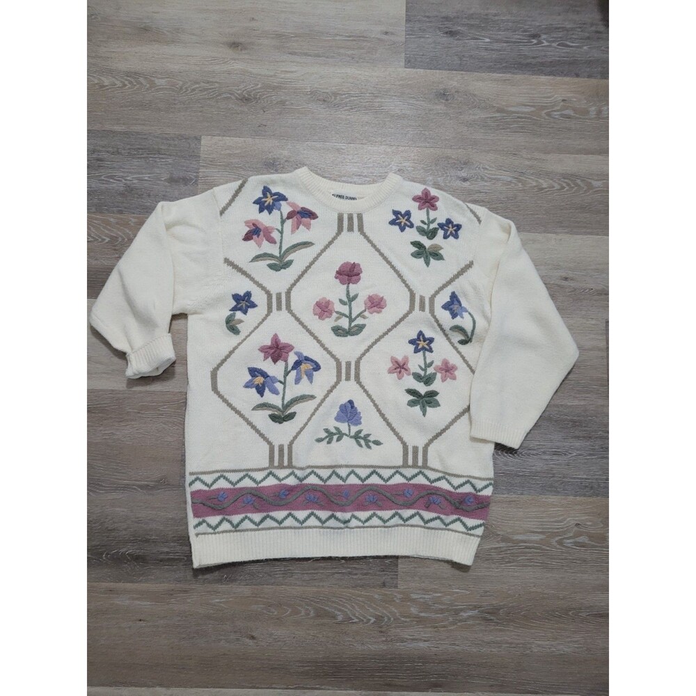 Vintage Cottagecore Grandma Floral Embroidered Knit Pullover Sweater Womens XL